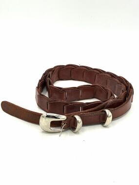Brown Leather Link Belt Woven Interlocking Silver Buckle Size 42 Vintage Style